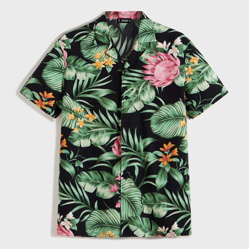 

Guys Notched Collar Tropical Print Shirt, Multicolor