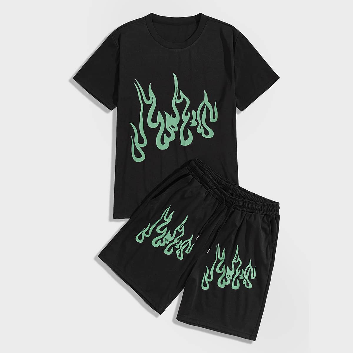 

Guys Fire Print Tee & Drawstring Shorts, Black