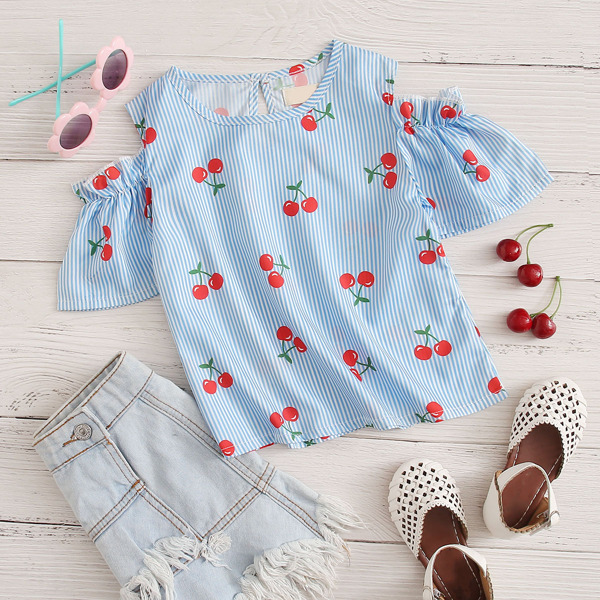 

Toddler Girls Cherry & Striped Print Cold Shoulder Blouse, Blue