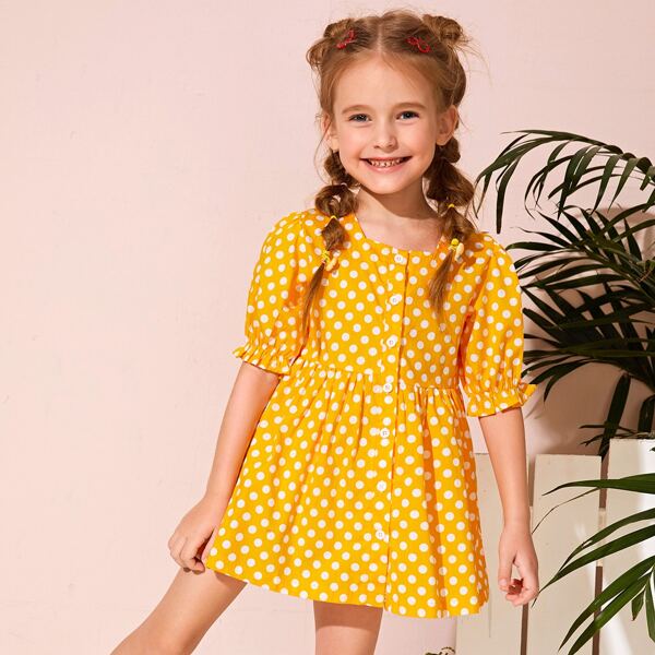 

Toddler Girls Polka Dot Button Front Smock Dress, Yellow