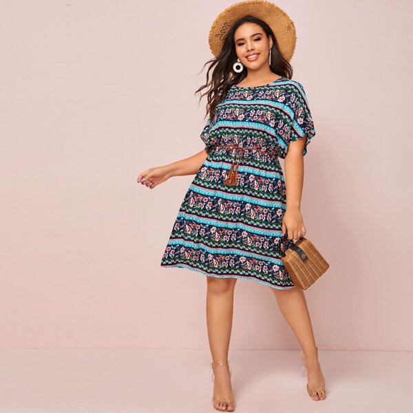 

Plus Floral & Tribal Print Batwing Sleeve Belted Dress, Multicolor