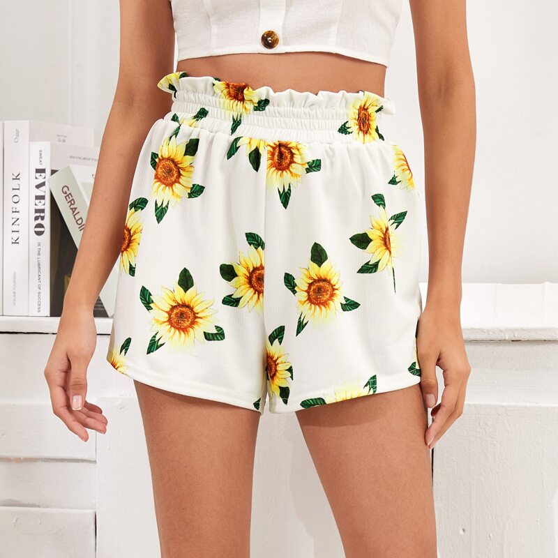 

Sunflower Print Paper Bag Waist Shorts, White
