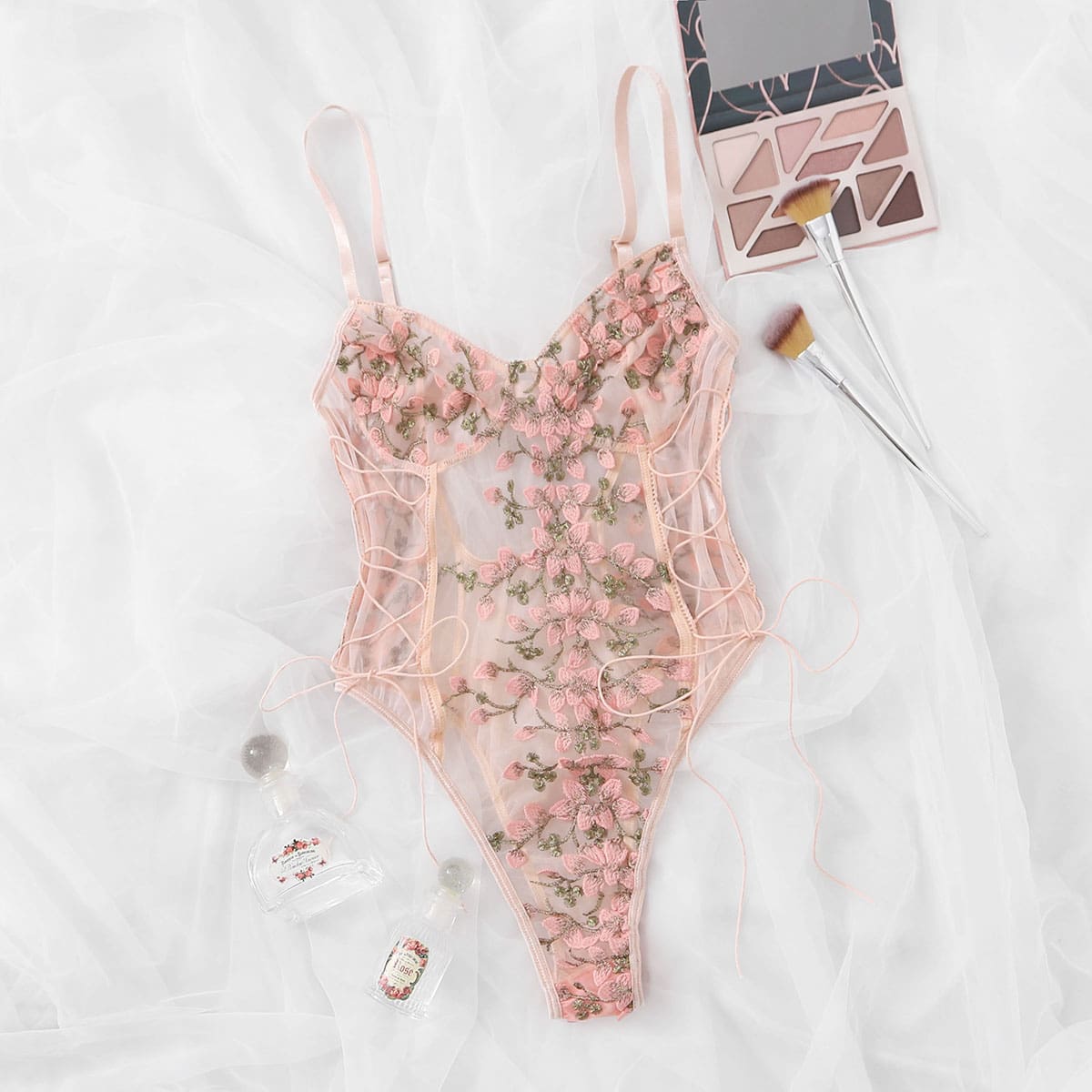 

Floral Embroidered Mesh Lace-up Teddy Bodysuit, Pink