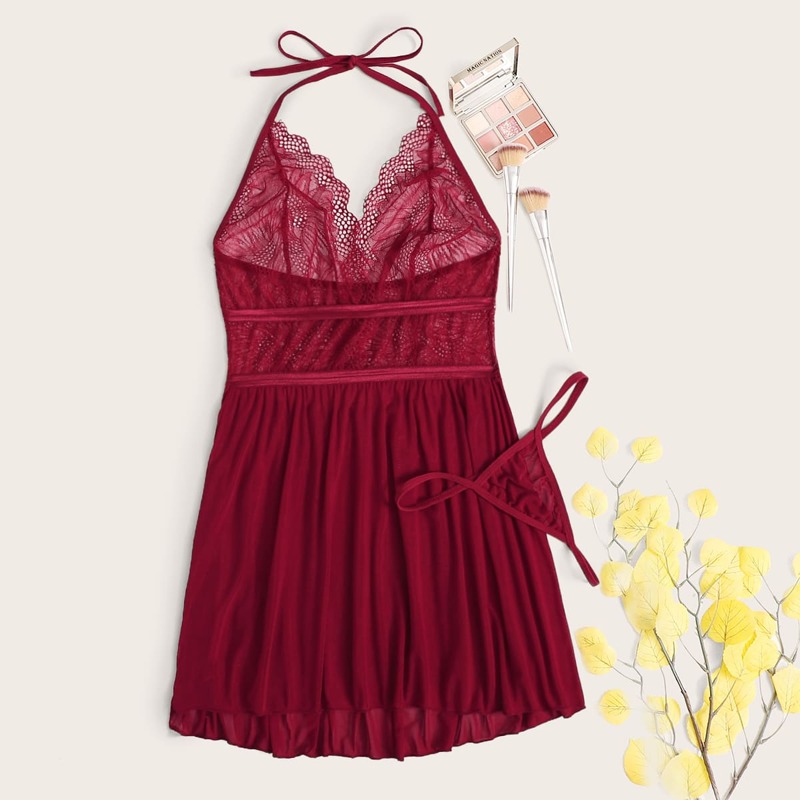 

Contrast Lace Mesh Slips, Burgundy