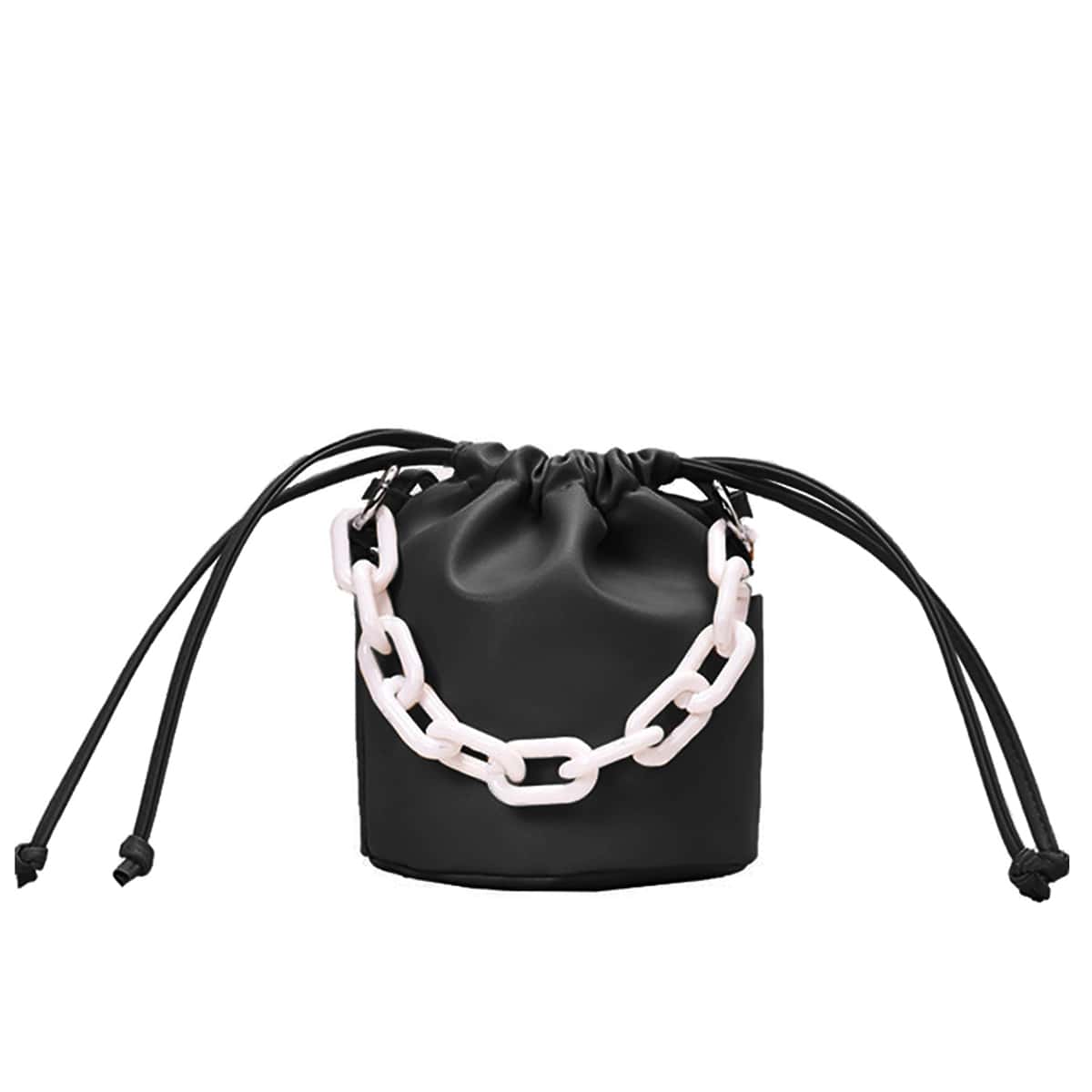 

Drawstring Decor Satchel Bag With Chain Handle, Black