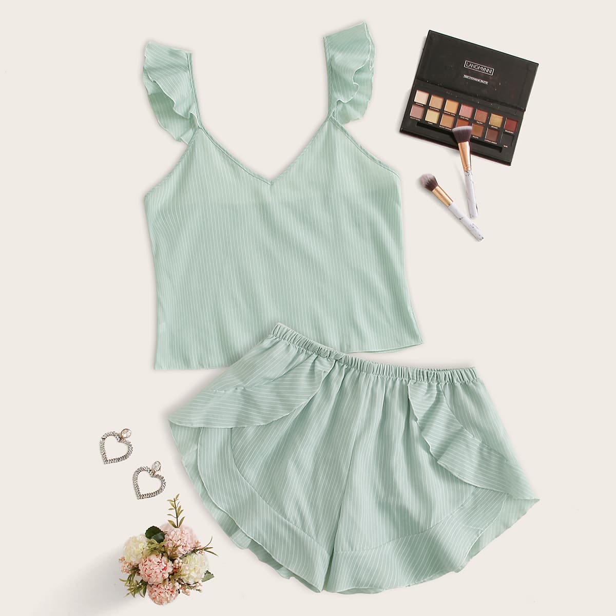 Striped Ruffle Tank PJ Set, Green