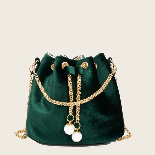 

Velvet Drawstring Chain Satchel Bag, Green