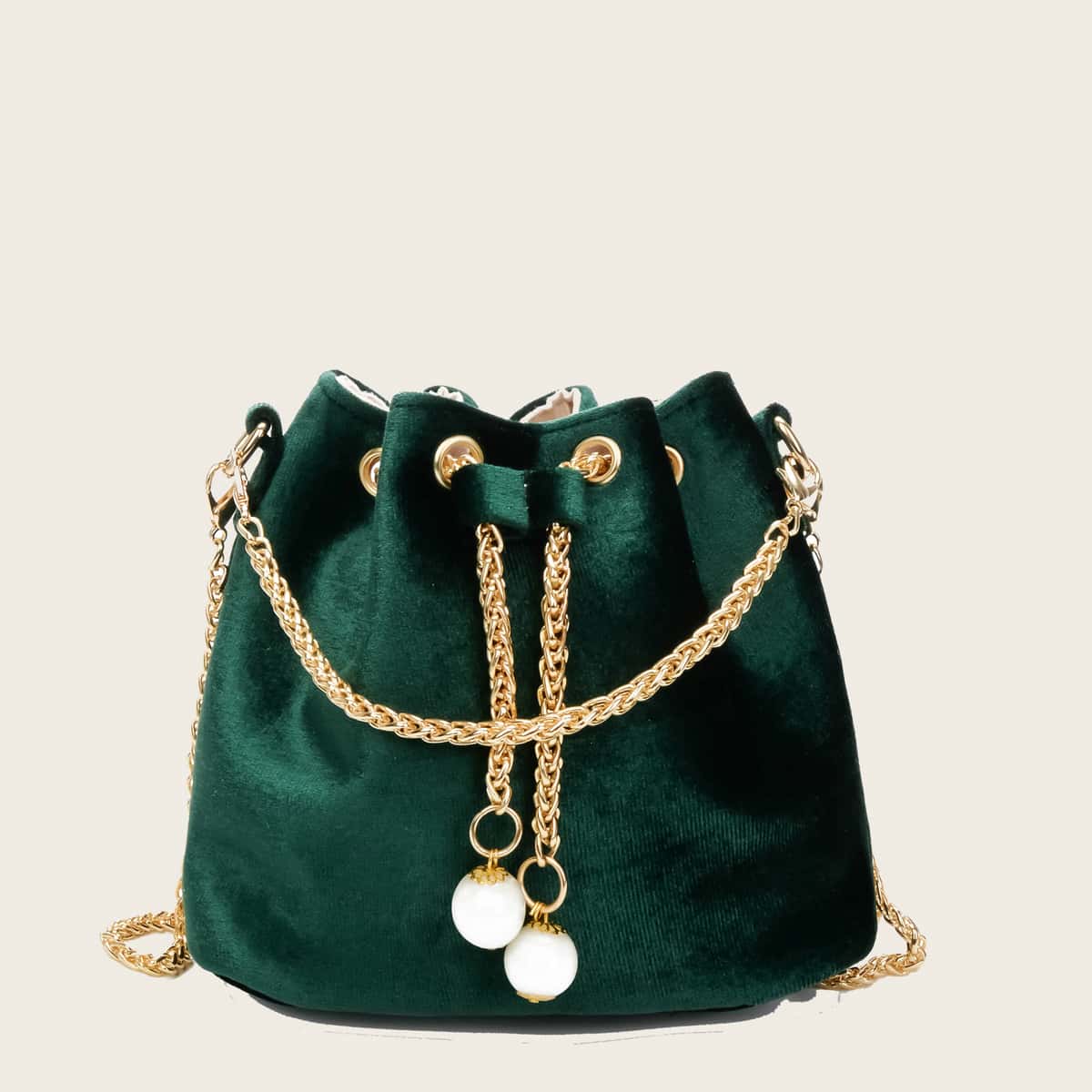 

Velvet Drawstring Chain Satchel Bag, Green