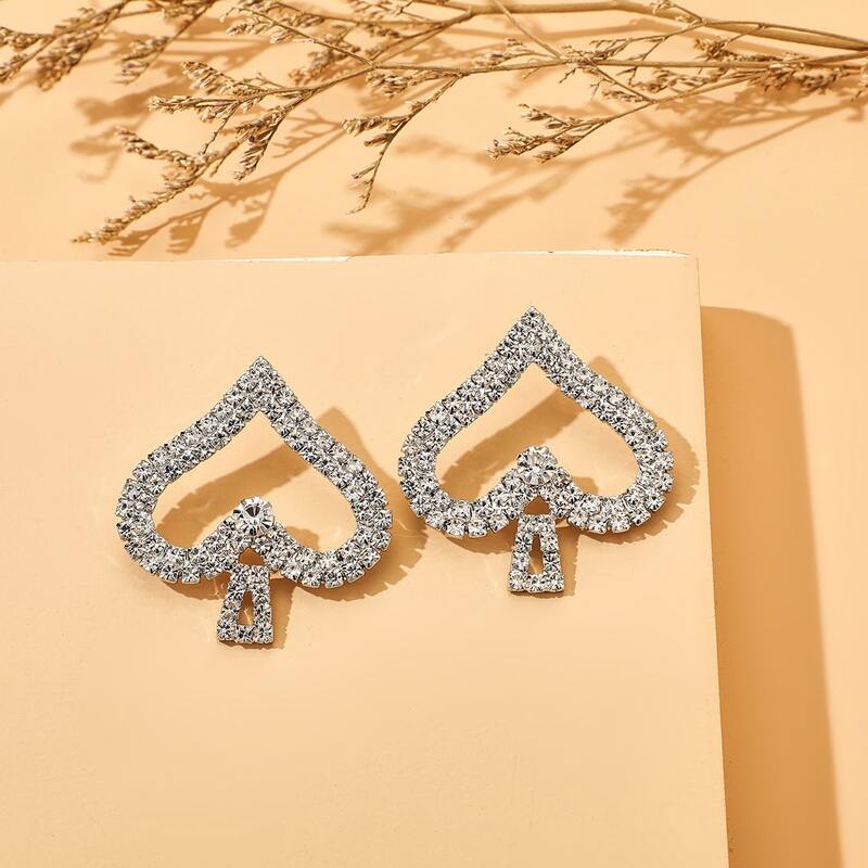 

Rhinestone Heart Earrings, Silver