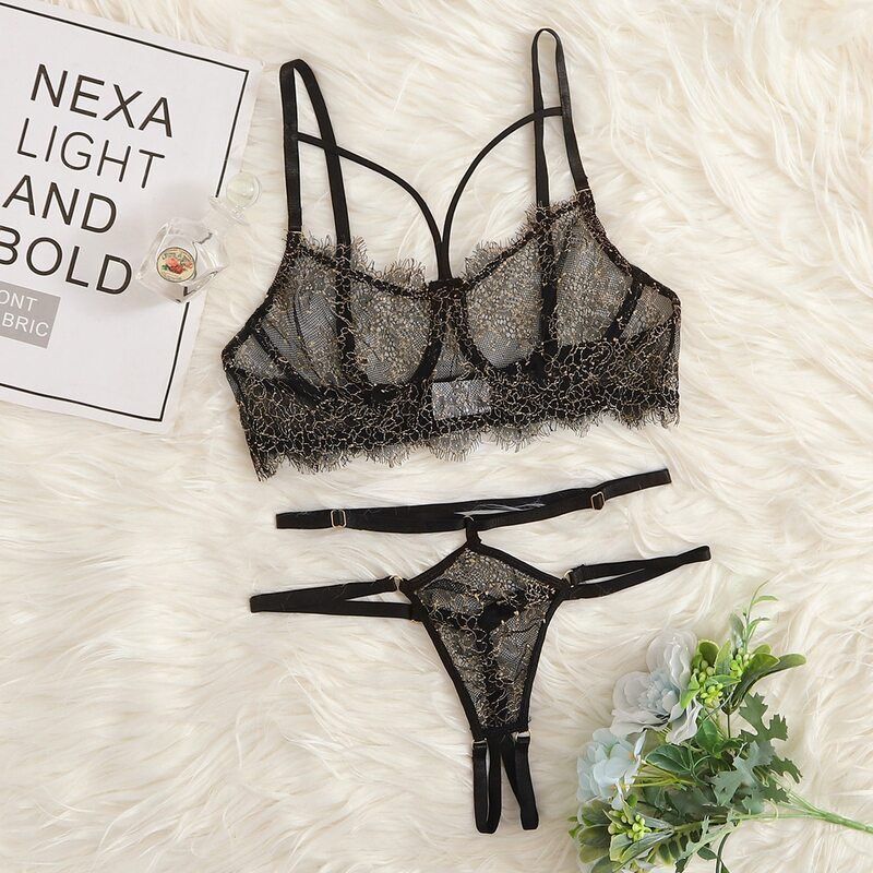 

Eyelash Lace Harness Underwire Lingerie Set, Black