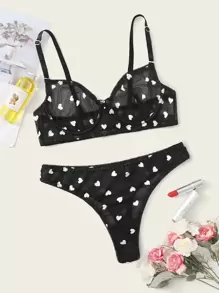 Heart Pattern Mesh Underwire Lingerie Set - Black - View 1