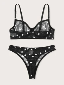Heart Pattern Mesh Underwire Lingerie Set - Black - View 2