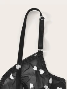 Heart Pattern Mesh Underwire Lingerie Set - Black - View 4