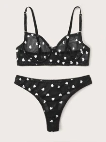 Heart Pattern Mesh Underwire Lingerie Set - Black - View 5