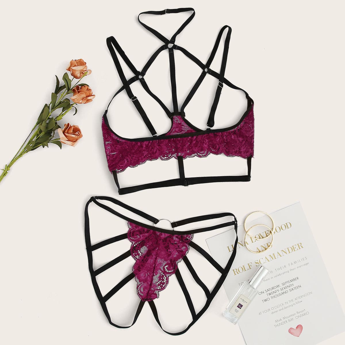 

Floral Lace Cut-out Lingerie Set & Choker, Red