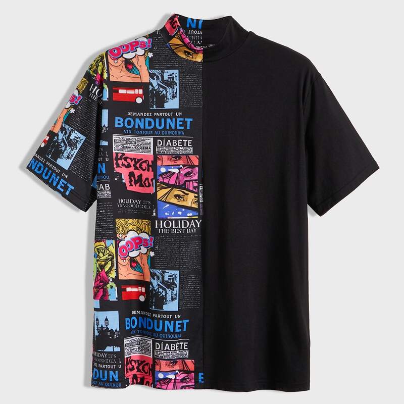 

Guys Mock-Neck Newspaper Print Spliced Top, Black