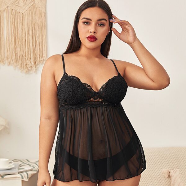 

Plus Crochet Trim Mesh Slips With Thong, Black