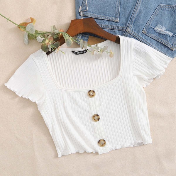

Lettuce Trim Button Front Rib-knit Crop Top, White