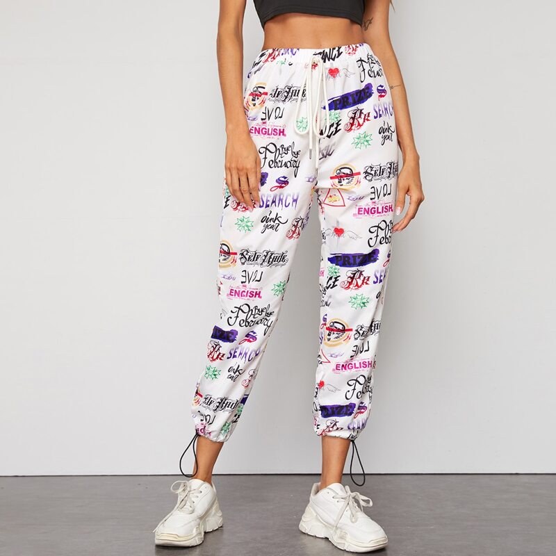 

Letter Graphic Drawstring Hem Wind Pants, Multicolor