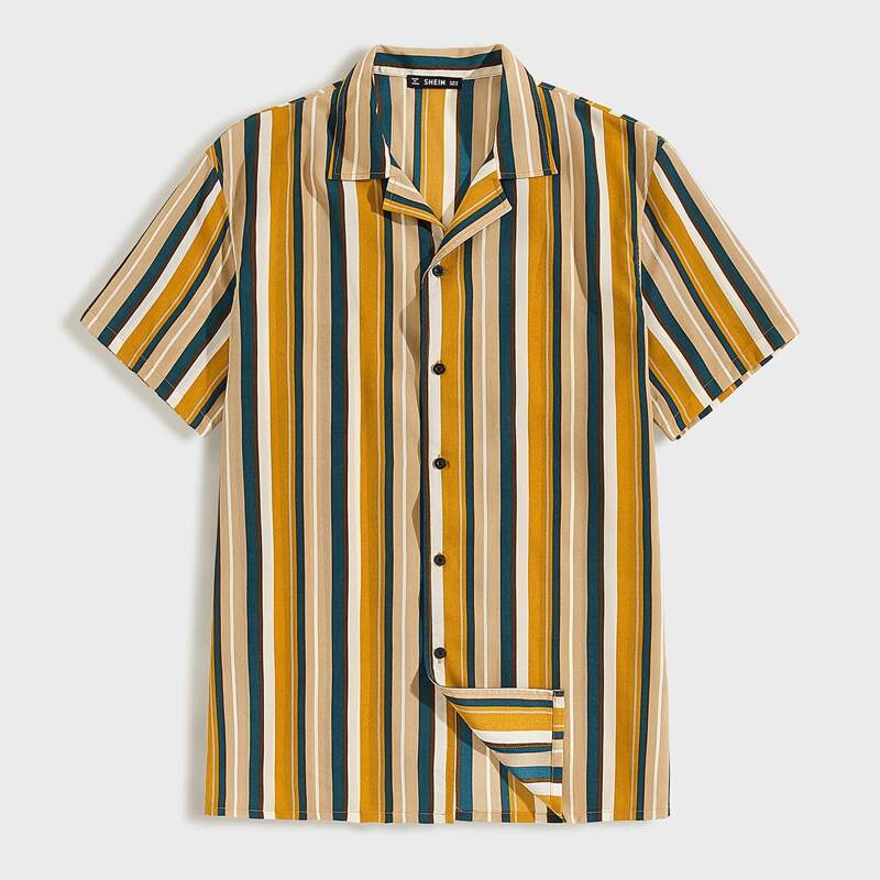 

Guys Notched Collar Striped Shirt, Multicolor