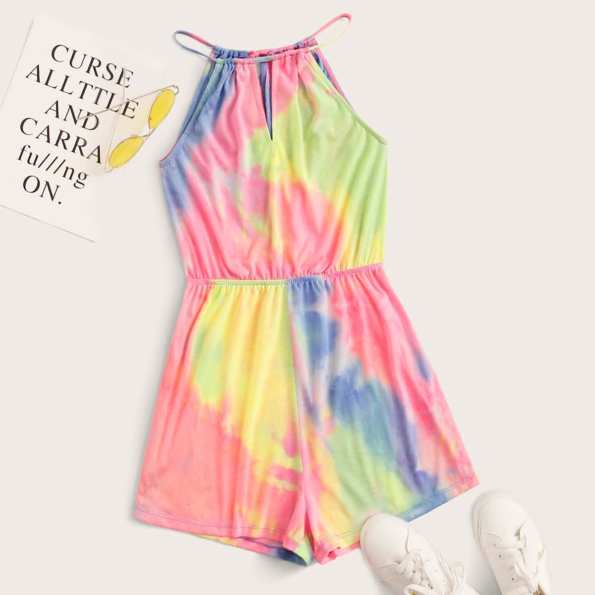 

Tie-Dye Wash Self-Tie Romper, Multicolor