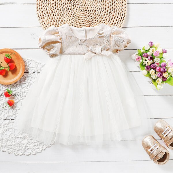 

Toddler Girls Bow Front Contrast Mesh Hem Dress, White