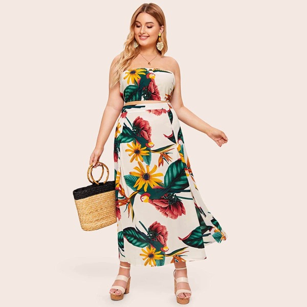 

Plus Tropical Print Tube Crop Top & Split Thigh Skirt, White