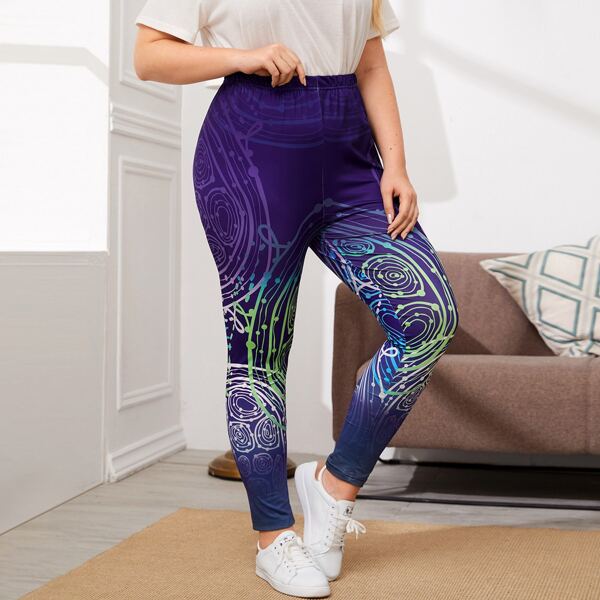 

Plus Graphic Print Elastic Waist Leggings, Multicolor
