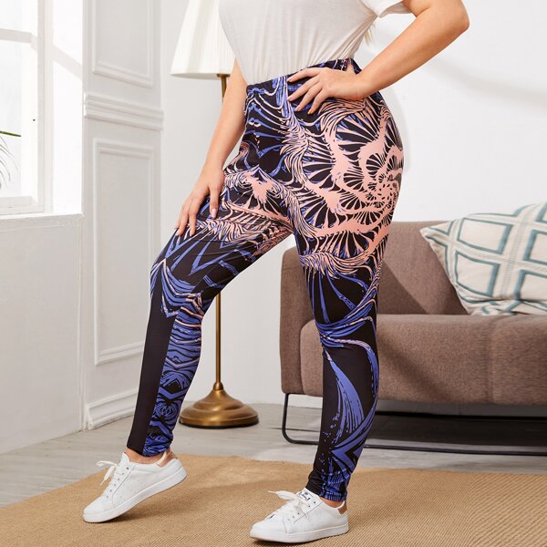 

Plus Graphic Print Elastic Waist Leggings, Multicolor