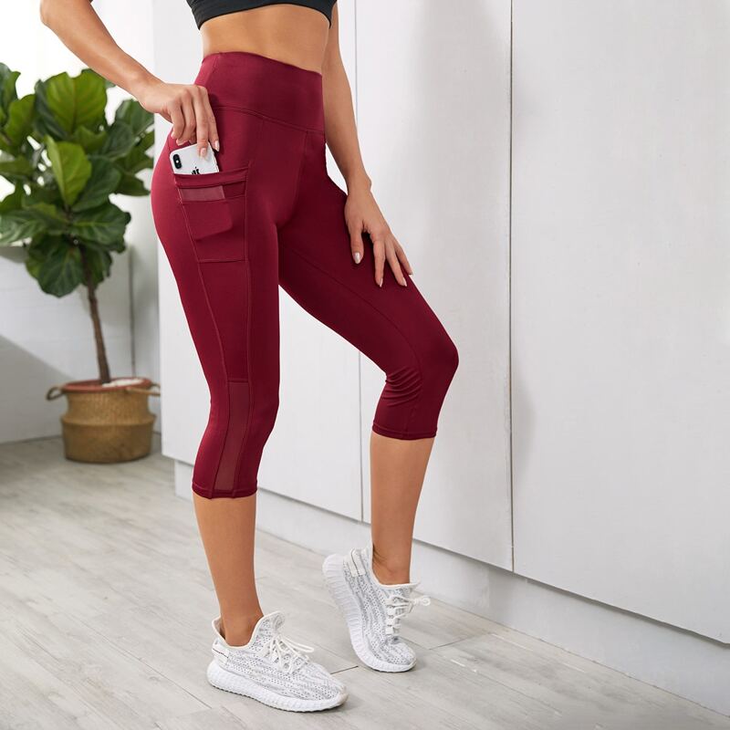 

Mesh Panel Sports Leggings With Phone Pocket, Burgundy