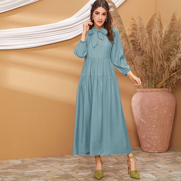 

Tie Neck Bishop Sleeve Smock Dress, Blue