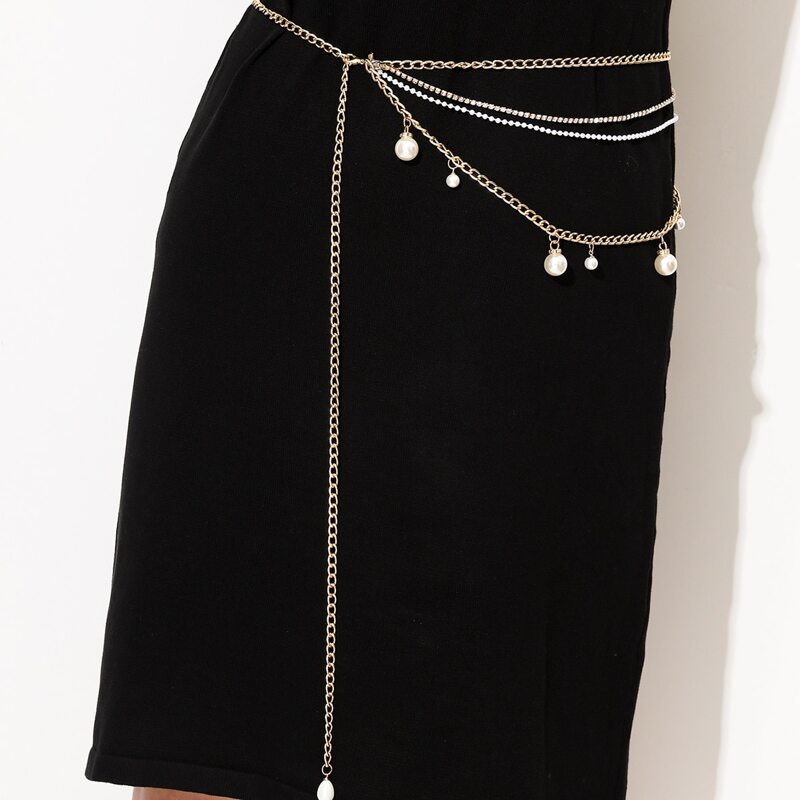 

Faux Pearl Decor Layered Chain Belt, Gold
