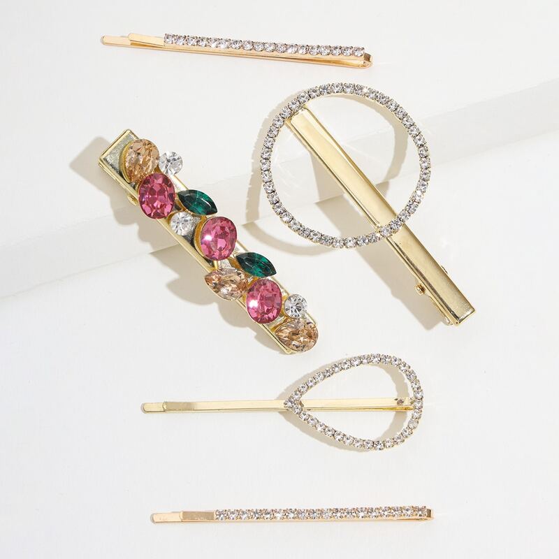 

5pcs Rhinestone & Gemstone Engraved Water Drop Hair Clip, Multicolor