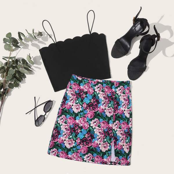 

Scallop Edge Cami Top and Floral Skirt Set, Multicolor