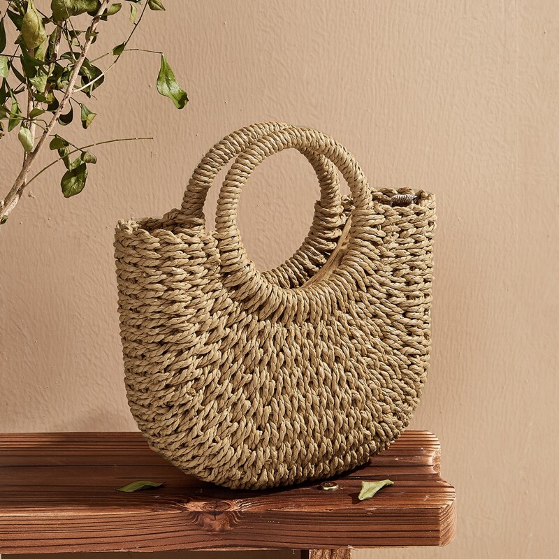 

Woven Satchel Bag With Ring Handle, Khaki