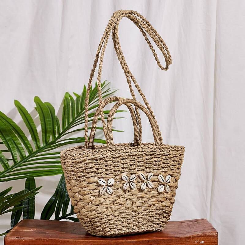 

Shell Decor Braided Satchel Bag, Khaki