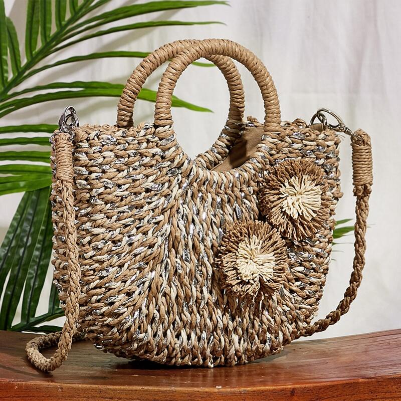 

Woven Tote Bag With Ring Handle, Khaki