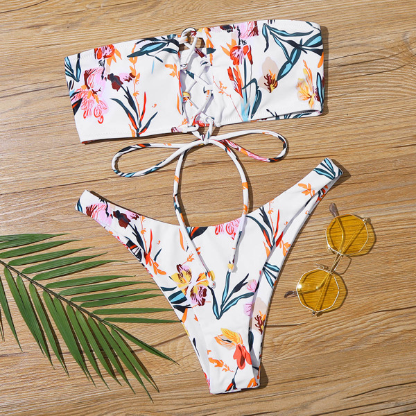 

Floral Lace Up Bandeau Bikini Swimsuit, Multicolor