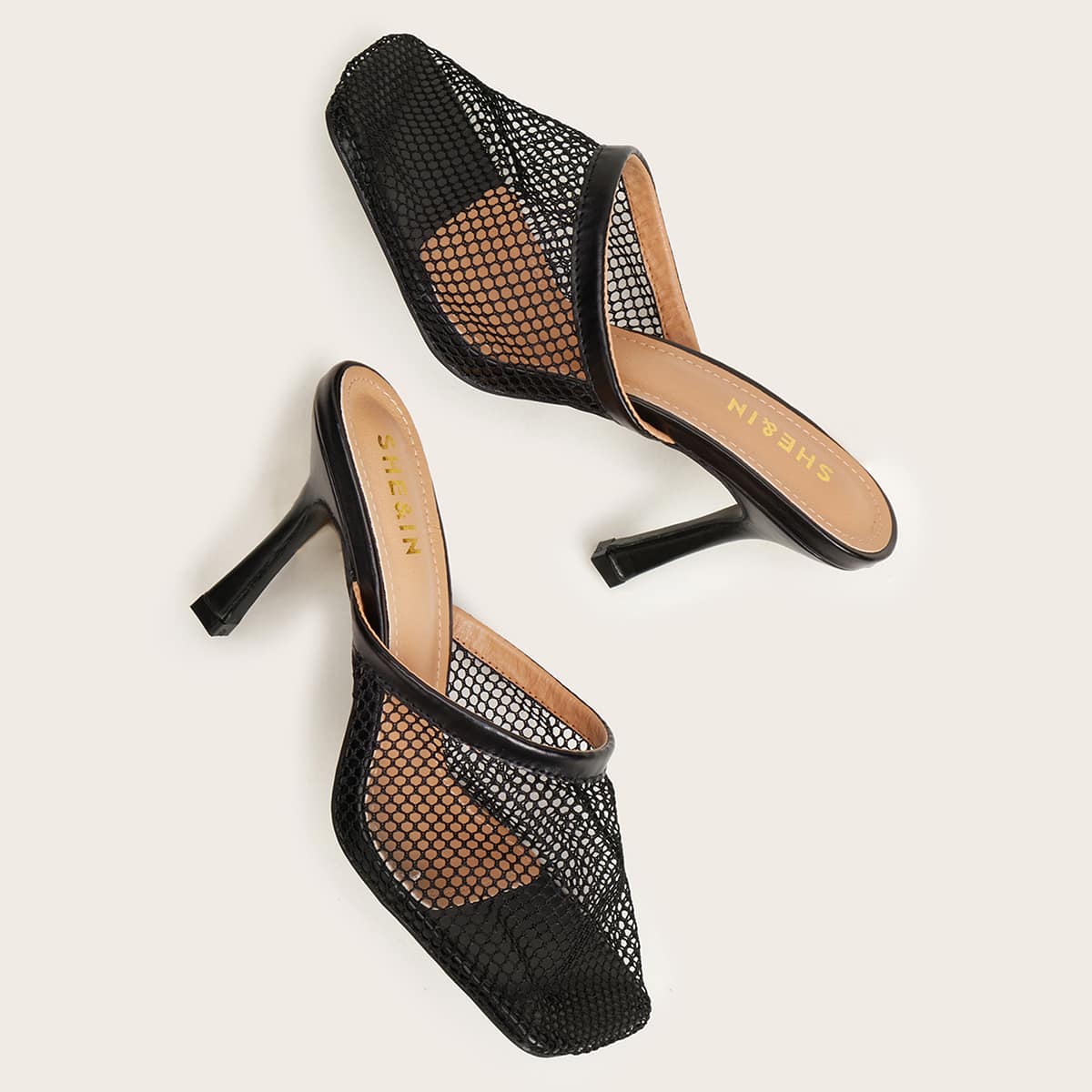 

Square Toe Fishnet Mules, Black