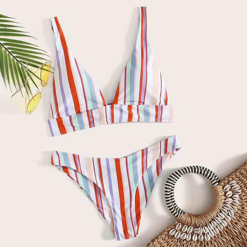 

Striped Tie Back Bikini Swimsuit, Multicolor