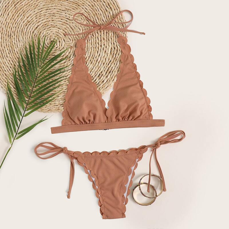 

Rib Scallop Trim Tie Side Bikini Swimsuit, Camel
