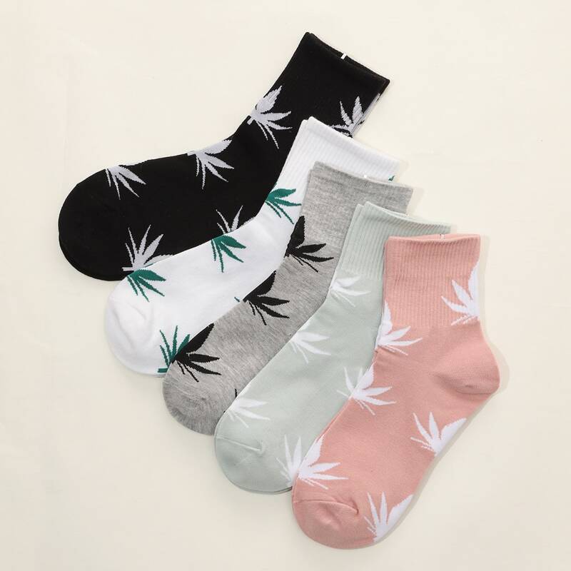 

5pairs Leaf Pattern Crew Socks, Multicolor