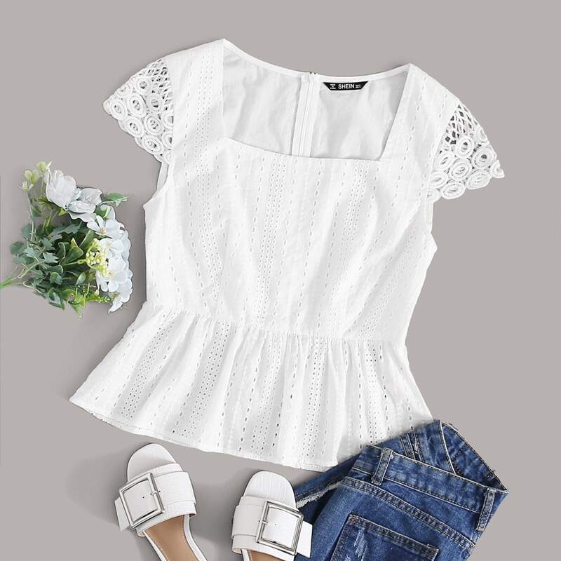 

Square Neck Schiffy Peplum Blouse, White