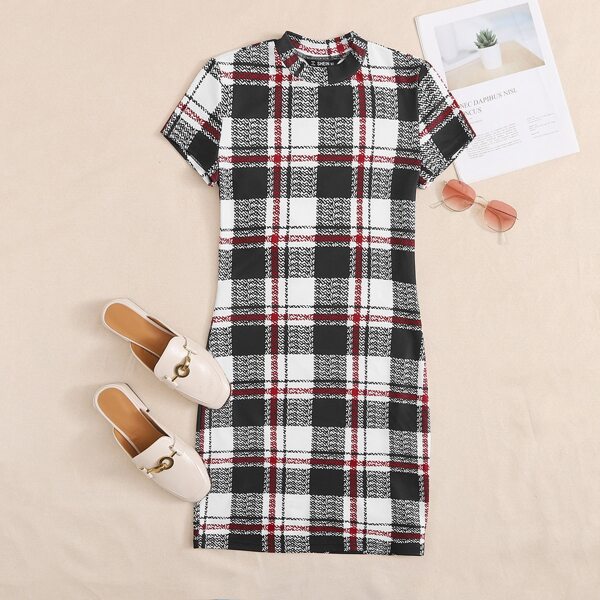 

Mock Neck Plaid Dress, Multicolor