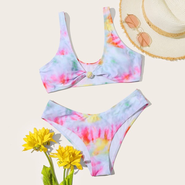 

Tie Dye Knot Detail Bikini Swimsuit, Multicolor