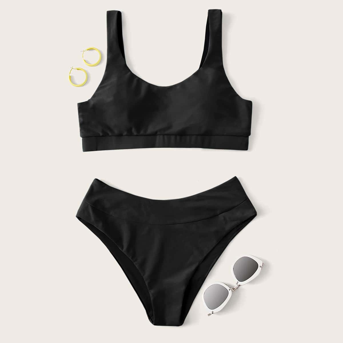 

Plain Scoop Neck Bikini Swimsuit, Black
