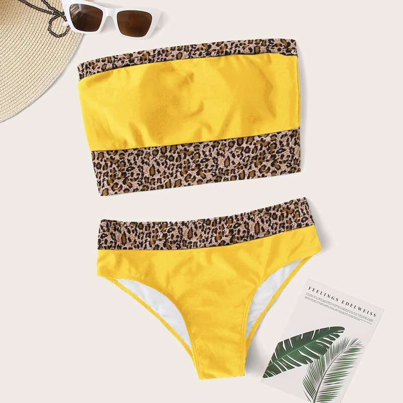 

Contrast Leopard Bandeau Bikini Swimsuit, Yellow