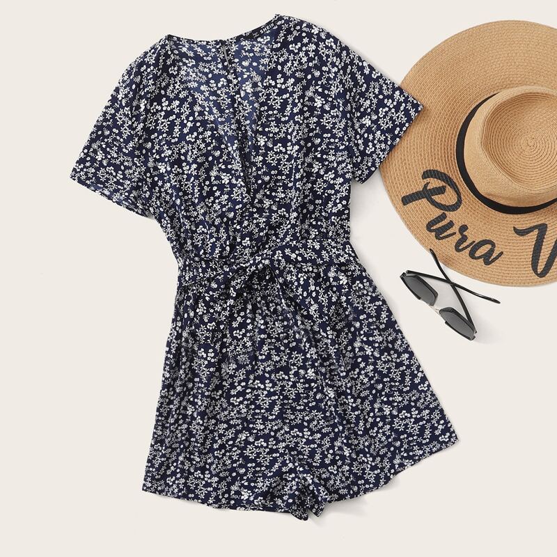 

Plunging Ditsy Floral Belted Romper, Navy blue