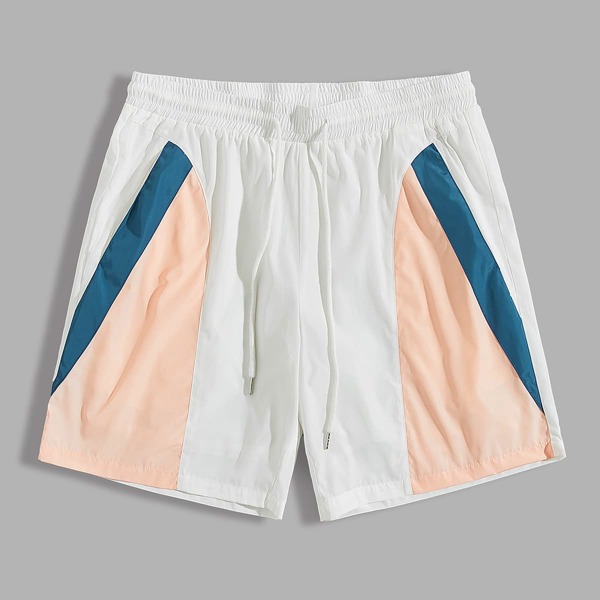 

Men Drawstring Waist Colorblock Wind Shorts, White