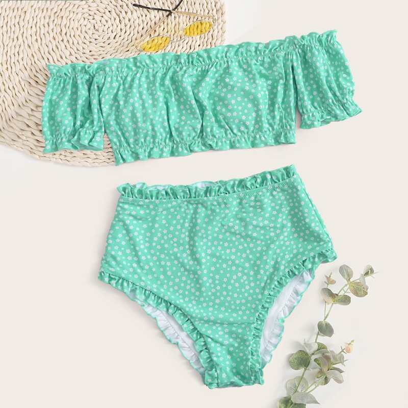 

Ditsy Floral Frill Bardot Bikini Swimsuit, Green bright